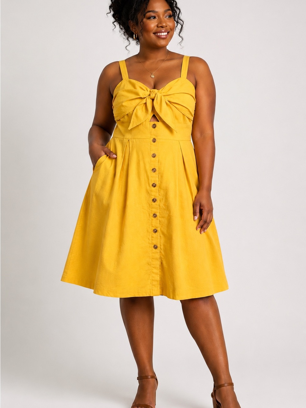 City Chic Linen Blend Mustard Yellow Tie Front Sundress Size S/16